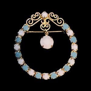 Vintage Gold Tone, White And Aqua Glass Brooch With Articulating Charm (5168)